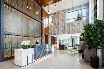 A lobby with a reception desk and a large plant